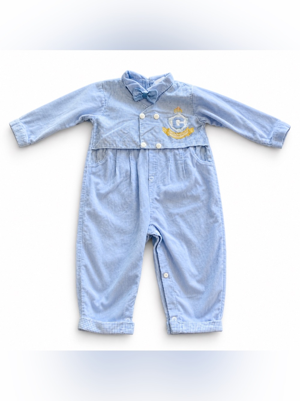 Vintage 90s Baby Boy Light Blue One-Piece Romper with Crest